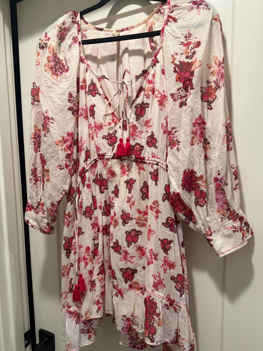 Free People White Floral Mini Dress with Pink and Red Accents